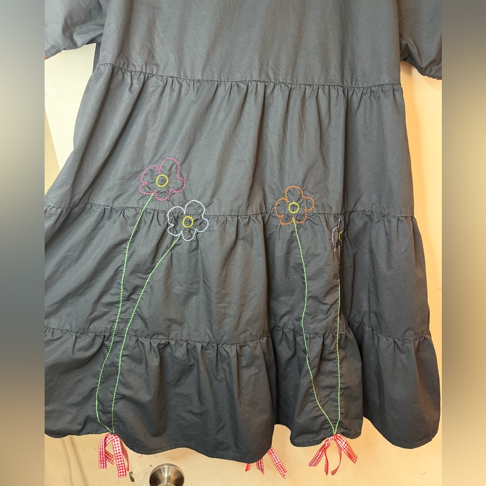 Teddy Fresh Black Embroidered Babydoll Dress XL Floral Bear Buttons - Picture 4 of 10